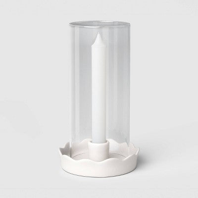 Scalloped Ceramic and Glass Hurricane Taper Candle Holder White - Room Essentials