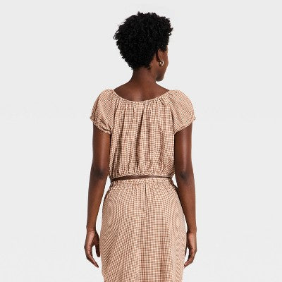 Women's Short Puff Sleeve Tie Top - A New Day Brown Gingham L