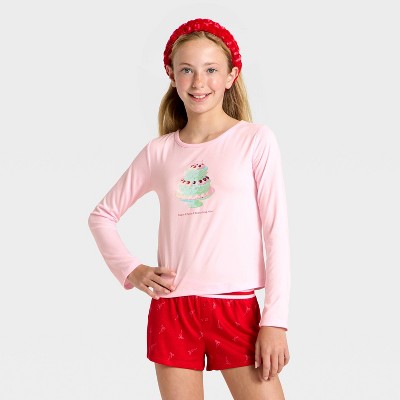Girls' 2pc Long Sleeve Pajama Set with Spa Headband - Pink L