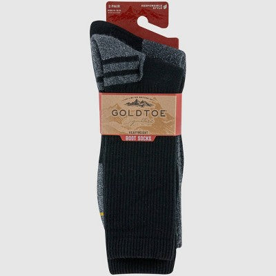 Signature Gold by Goldtoe Men's Heavyweight Tec Crew Boot Socks 2pk - Black/Gray/Charcoal 6-12