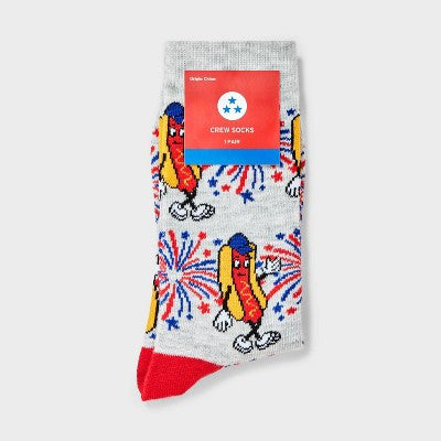 Women's Patriotic Hot Dog Crew Socks - Heather Gray 4-10: Recycled Polyester, Banded Cuff, Knit Fabric