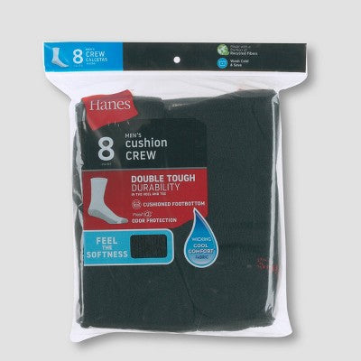 Men's Hanes 8pk Crew Socks with FreshIQ - Black 6-12: Cotton Blend, Moisture Wicking, Reinforced Heel & Toe, Machine Washable