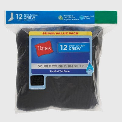 Hanes Boys' 12pk Cushioned Crew Socks - Black S: Moisture Wicking, Tagless, Knit Fabric