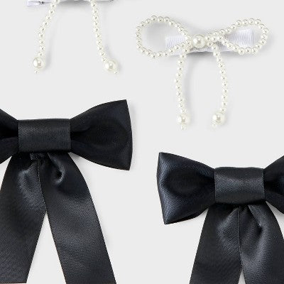 Girls' 4pk Satin and Pearls Ribbon Bow Clip Set - art class