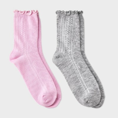 Girls' 2pk Ruffle Trim Pointelle Crew Socks - art class Pink/Gray M