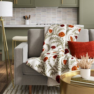 Printed Plush Lark Floral Throw with Faux Shearling Reverse Cream - Threshold (LOCAL PICKUP ONLY)