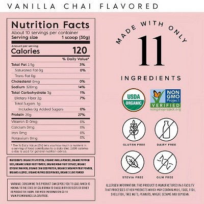 Truvani Organic Plant Based Vegan Protein Powder - Vanilla Chai - 8.75oz/10 Servings: Gluten-Free, Non-GMO, Dairy-Free, 20g Pea Protein