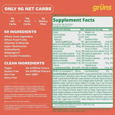 Gruns Adult Low Sugar Mango Superfoods Greens Gummies - 240g/12 Servings: Dietary Supplement, Gummy Form