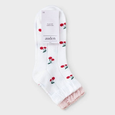 Women's Cherries 2pk Ankle Socks with Ruffle Cuff - Auden White/Pink 4-10