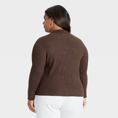 Women's Ribbed Cardigan Sweater - A New Day Brown 2X