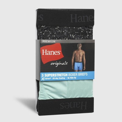 Hanes Originals Premium Super Stretch Boxer Briefs 3pk - Aqua Blue/Black S: Tagless, Moisture Wicking, Quick Drying