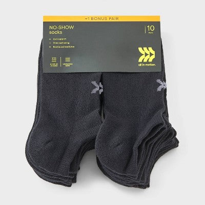 Women's Lightweight Everyday 10+1pk No Show Socks - All In Motion Black - 4-10