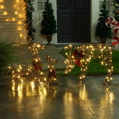 LuxenHome Set of 3 Deer Family Lighted Holiday Decoration Brown