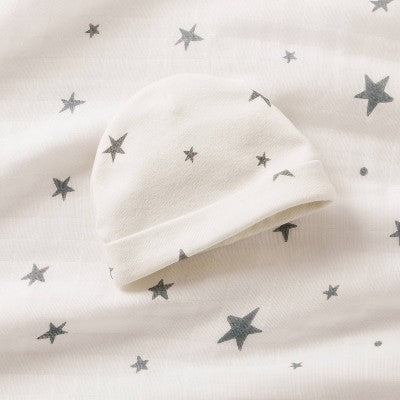 Hospital Muslin Swaddle Baby Blanket and Hat Gift Set - Cream and Gray Stars - 2pk - Cloud Island