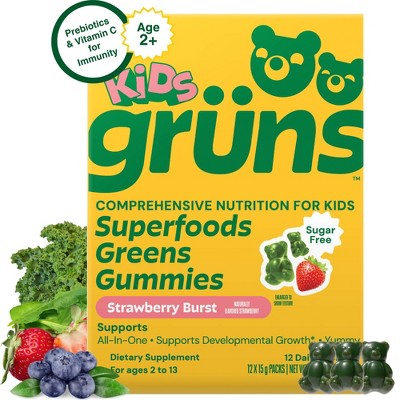 Gruns Kids Sugar Free Superfoods Greens Gummies with Prebiotic Fiber - 240g/12 Servings
