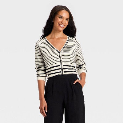 Women's Long Sleeve V-Neck Cardigan - A New Day Cream Striped S