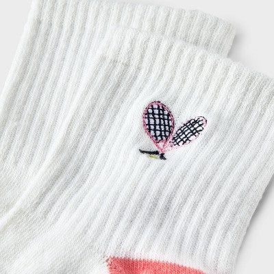 Women's Embroidered Tennis Ribbed Ankle Socks - Ivory/Peach 4-10: Recycled Polyester, Banded Cuff, Shapes Pattern