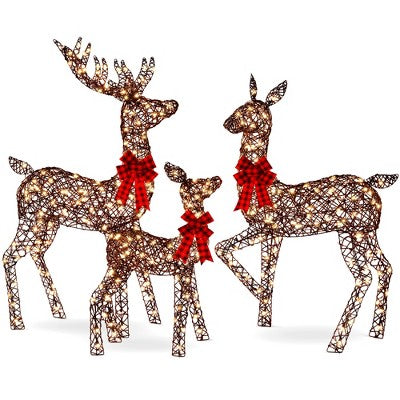 Best Choice Products 3-Piece Lighted Christmas Deer Set Outdoor Yard Decoration w/ 360 LED Lights, Stakes - Rattan (LOCAL PICKUP ONLY)