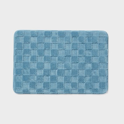 20"x30" Everyday Checked Cushion Bath Rug Quilt Blue - Room Essentials
