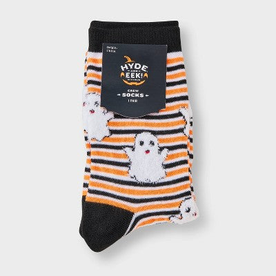 Women's Striped Fuzzy Ghost Halloween Crew Socks - Hyde and EEK! Boutique Black/White/Orange 4 -10