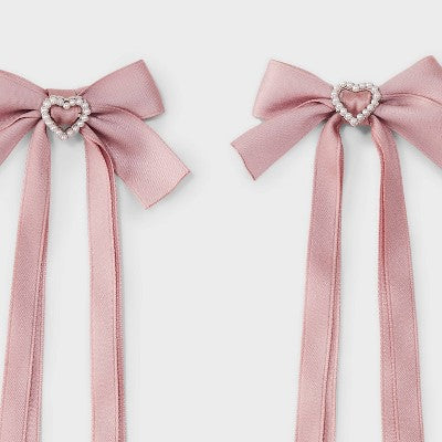 Satin Hair Bow Clip with Pearl Heart Set 2pc - Wild Fable Pink