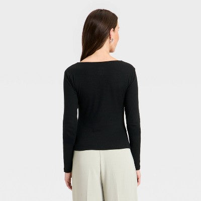 Women's Lace Trim V-Neck Ribbed Top - A New Day Black S