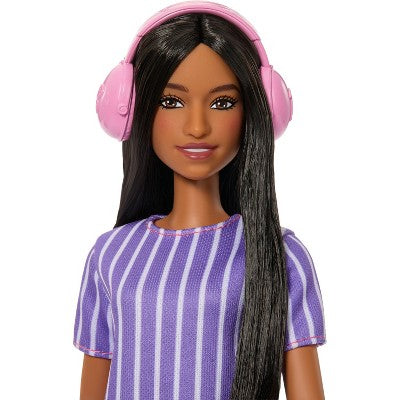 Barbie Fashionistas Doll #245 in Purple Striped Dress, Autistic Barbie with Accessories