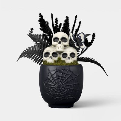 10" Grim Greenery Spider Web with Foam Skulls Halloween Artificial Plastic Pot - Hyde and EEK! Boutique