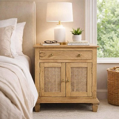 The Urban Port 30" Nightstand Table Rattan Cabinet Doors and Drawer Fronts Sandblasted Brown Mango Wood Brown (LOCAL PICKUP ONLY)