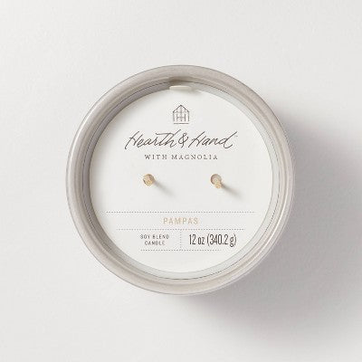 2-Wick Ribbed Ceramic Pampas Jar Candle Light Gray 12oz - Hearth & Hand with Magnolia: Soy & Paraffin Wax, 30hr Burn Time