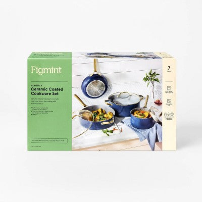 7pc Nonstick Ceramic Coated Aluminum Cookware Set with Champagne Handles Navy - Figmint (LOCAL PICKUP ONLY)