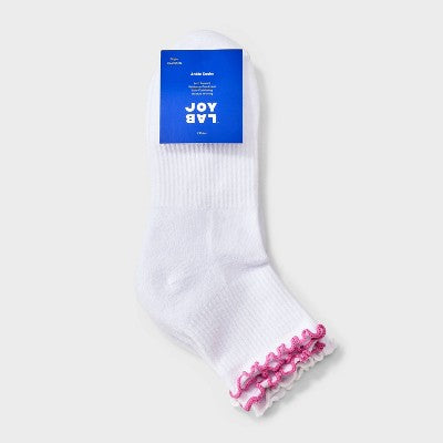 Women's Lettuce Edge Cushioned 2pk Ankle Socks - JoyLab Pink/White 4-10