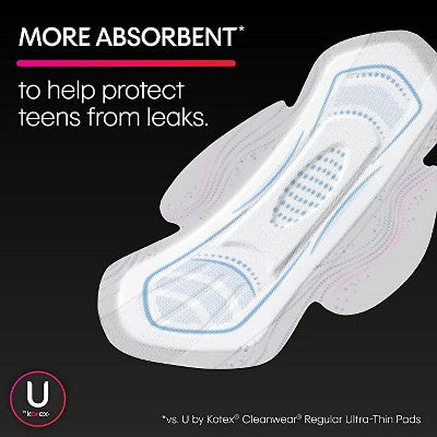 U by Kotex Teen Ultra Thin Pads with Wings Extra Absorbency for Reliable Period Protection, 14 Count