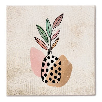 Thirstystone Dolomite Line Art Vase Square Coaster Beige: Transitional Drink Coaster, Spot Clean, 4.25"