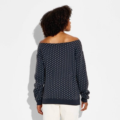 Women's Off the Shoulder Knit Pullover Sweatshirt Gray Dots XL
