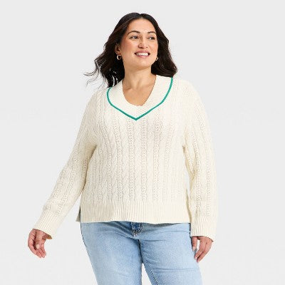 Women's Cable Knit V-Neck Pullover Sweater - Ava & Viv Cream 4X