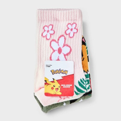 Girls' Pokemon 3pk Mid Crew Socks - Green Cream Pink S/M