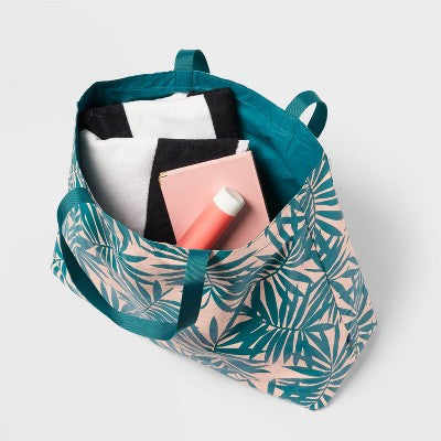 Water Resistant Reversible Tote Bag - Open Story Teal/White Palm: Botanical Pattern