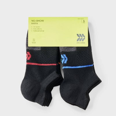 Boys' 6pk Arch Support Cushioned No Show Socks - All in Motion Black L