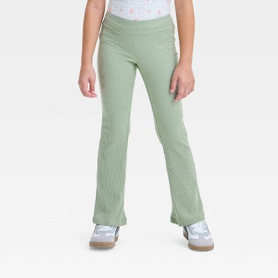 Girls' Ribbed Flare Leggings - Cat & Jack Light Olive Green M