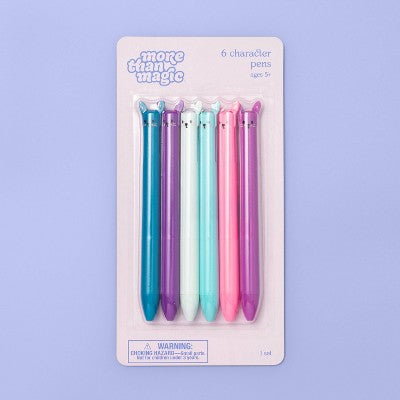 6ct Character Cat Pen Set - More Than Magic: Cute & Fun Kids Ballpoint Pens, 1.0mm, Pink, Blue, Purple Ink