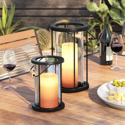 12.5"x8.2" Metal and Glass Outdoor Pillar Candle Holder Lantern Black - Threshold
