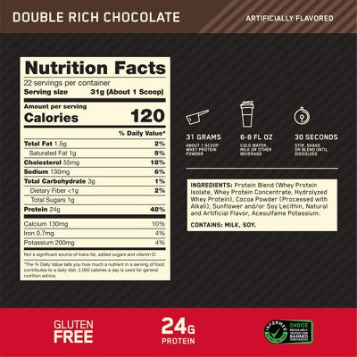 Optimum Nutrition Gold Standard 100% Whey Protein Powder - Double Rich Chocolate - 22 Servings - 23.59oz: High-Quality Whey Isolate, 24g Protein