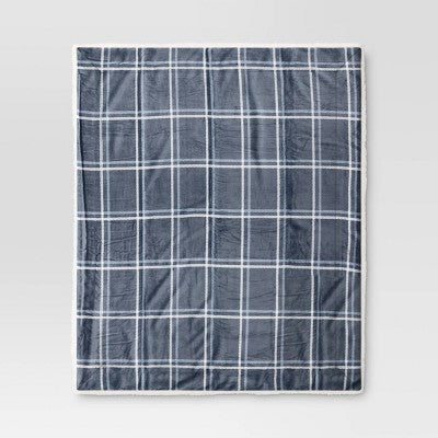 Grid Printed Plush Throw with Faux Shearling Reverse Blue/Light Blue/Ivory - Threshold