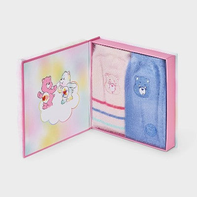 Women's Care Bears Furry Face Box of Cozy Embroidered Crew Socks - Pink/Blue 4-10