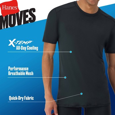 Hanes Premium Men's 2pk Move Breathable Mesh Crew Neck T-Shirt X-Temp - Black M: Moisture Wicking, Quick Dry, 4-Way Stretch, Tagless
