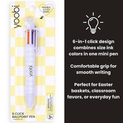 Yoobi Easter 6-Ink Click Ballpoint Pen - Soft Lavender Gingham, 0.7mm, Multicolor, Easter Basket Gift