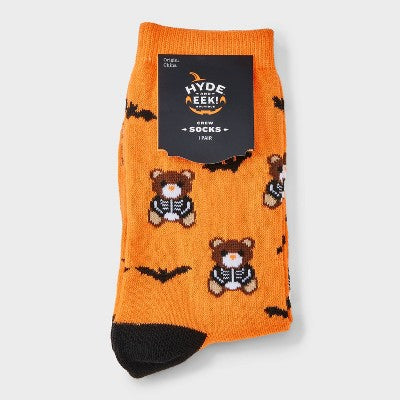 Women's Teddy Bear Skeleton Halloween Crew Socks - Hyde and EEK! Boutique Orange/Black 4 - 10