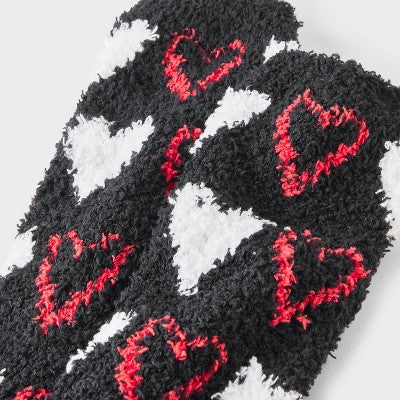Women's Outlined Hearts Cozy Valentine's Day Crew Socks - Black/White/Red 4-10