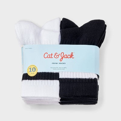 Boys' 10pk Varsity Striped Crew Socks - Cat & Jack Black/White S